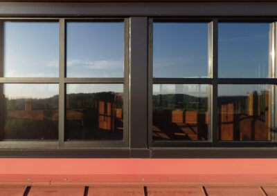 Closeup of a finished window frame at the Aurora West Bend facility