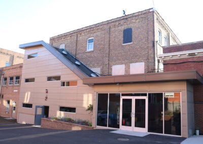 Exterior of a three-story Komatsu office building