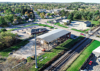 Distant aerial view of VisuSewer’s pre-engineered metal building